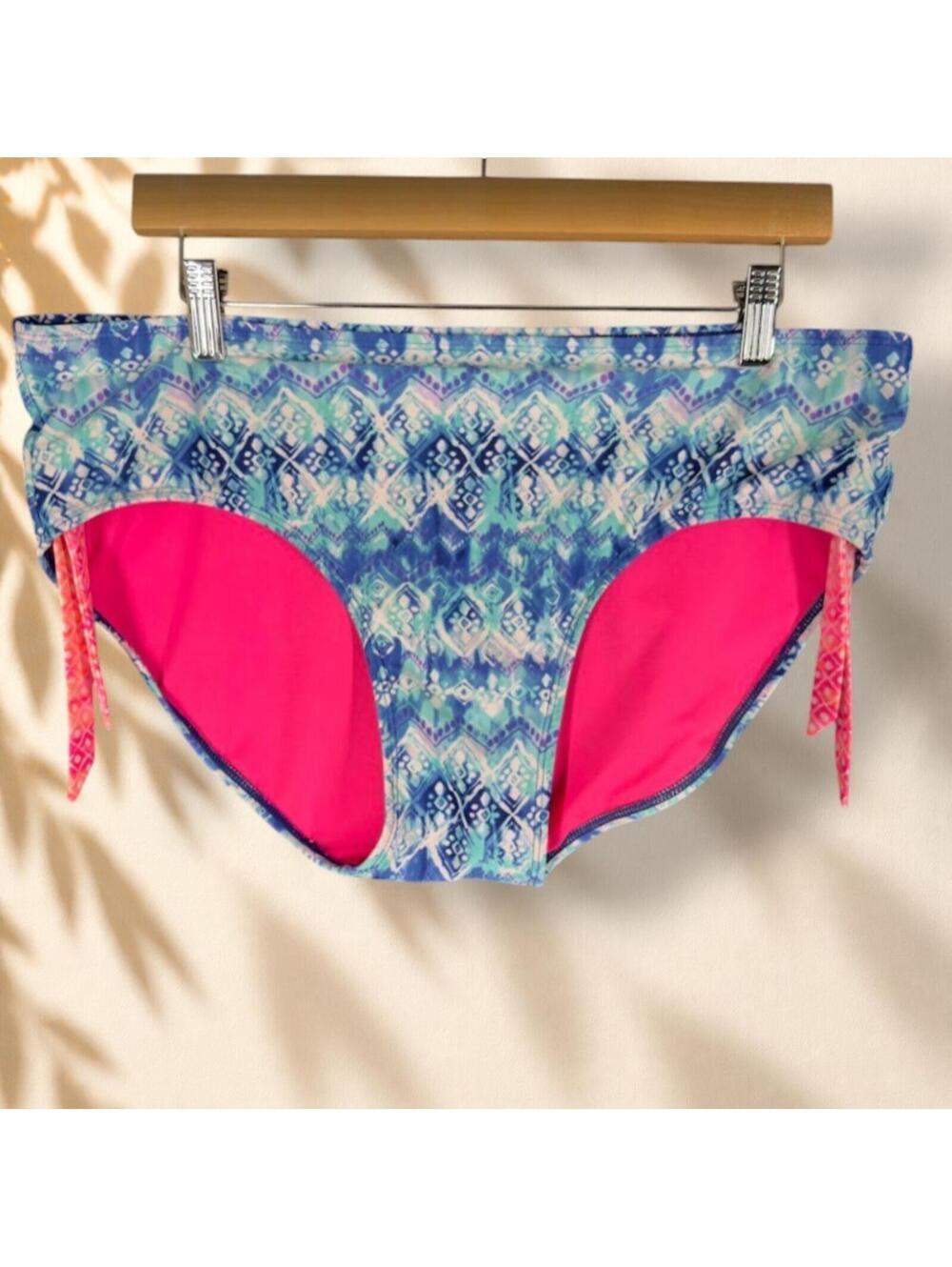 Justice Bikini Bottom Women 24 Plus Blue Geometric Lined Pull On Beach Swimwear
